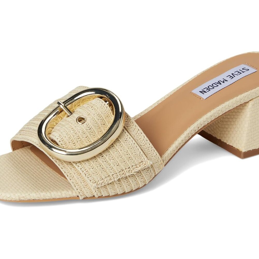Steve Madden - 7.5 Stylish Cream Woven Heeled Sandals with Gold Buckle